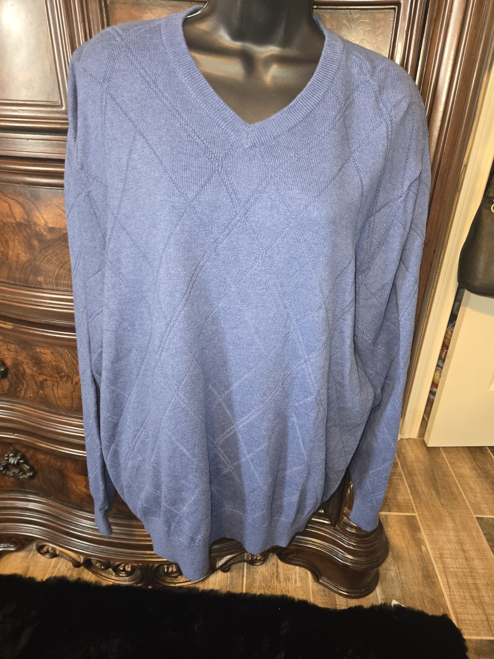 Alan Flusser Mens XL Blue Cotton Cashmere V-Neck Sweater Diamond Knit